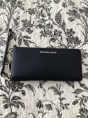 Michael Kors Jet Set Travel Large Double Zip Phone Wallet Wristlet Navy Leather • $9.99