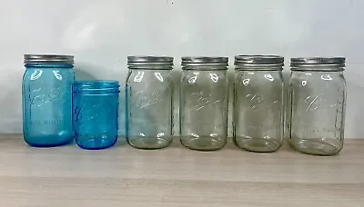 6 Vintage Ball Wide Mouth Square Mason Fruit Jars Green Tint & Aqua • $21.21