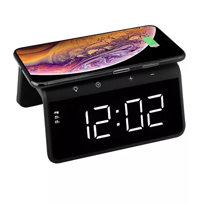 $49.95 • Buy USB 5V 10W QI Wireless Charger RGB LED Night Light  W/Dual Alarm Clock Black