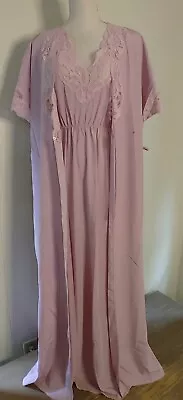 Vintage 70's Lorraine Peignoir Set Lg Gown & Md Robe Mauve Silky Lace Made USA • $52