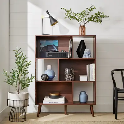 3-Tier Mid-Century Modern Wooden Bookcase Removable Back Panels Walnut Brown • $162.69