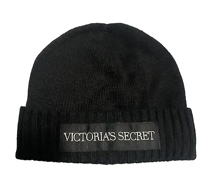 NWT Victorias Secret Black Ribbed Logo Beanie Winter Hat One Size • $10