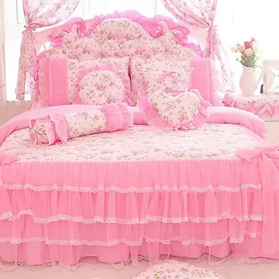$263.78 • Buy Korea Pink Princess Bedding Set Lace Bow Ruffles Flower Printed Cover Bed Skirt