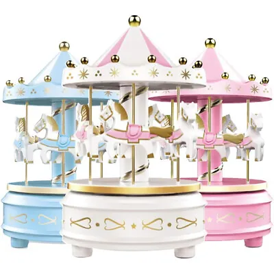 Wind-up Carousel Music Box 4-Horse Rotating Music Box Merry-Go-Round With LED UK • £8.89