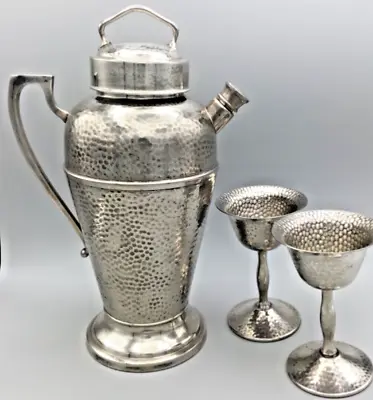 Antique Hammered Silver Cocktail Shaker  - Martini Goblets 1920’s  • $79.12