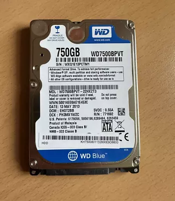 Western Digital	WD7500BPVT-22 750GB 2.5  SATA Hard Drive • £19.75