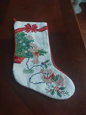 Vintage  Needlepoint Stocking Brown Teddy Bears With Christmas Trees • $19.95