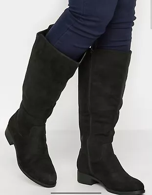 Ladies Size 10 E Black Faux Suede  Knee High Low Heel  Stretch Boots • £30