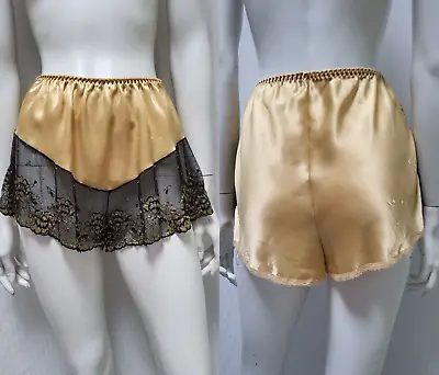 Vintage KAYSER Gold Satin Black Lace Tap Pants Panties - Size S • $40.50