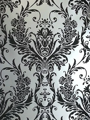 £12.98 • Buy Silver Black Damask Wallpaper Medina Flock Effect Luxury Feature Wall Debona