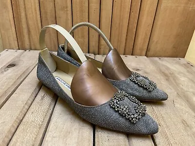 MANOLO BLAHNIK HANGISI Jeweled Silver Glittered Women's Flats Size EUR 39 /USA 9 • $250