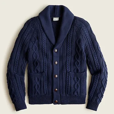 $128 NWT J. CREW Navy Blue L Men's Shawl Collar Cotton Cable Cardigan Sweater • $109.99