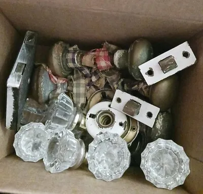 ANTIQUE Vintage Door Knobs Lot- Crystal (9) Brass Knobs Hardware Lock Plates • $94