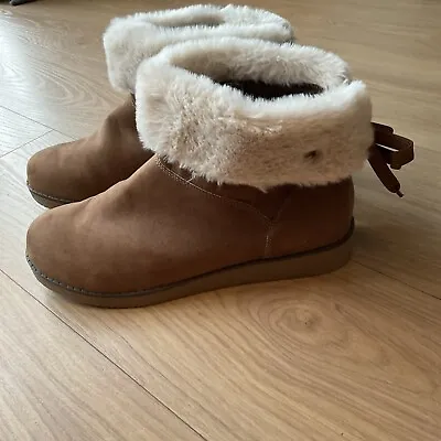 Evans Size 8  EEE Acadia Tan Fur Trim Heel Lace Detail Faux Suede Ankle Boots • £44.99