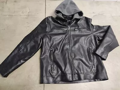 Guess Mens Black Faux Leather Moto Jacket W Hoodie Gray Sz XL • $39.95