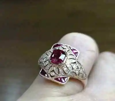 Vintage Art Deco 3Ct Red Lab Created Ruby Engagement 14K White Gold Finish Ring • $67.55