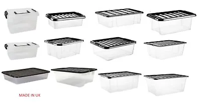 Clear Plastic Storage Boxes With Lids Stackable UK Made Box Home Office Kitchen • £19.99