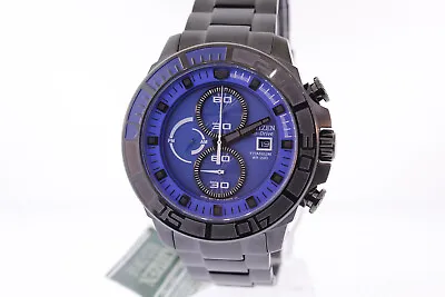 NWT Citizen CA0525-50L Eco-Drive Black Titanium Blue Dial Chronograph Watch • $469