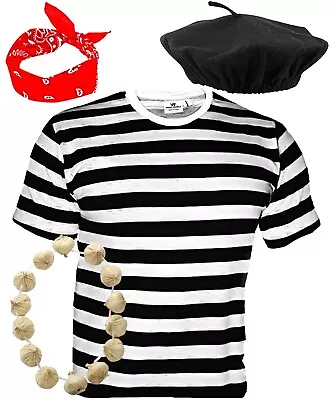 4 Piece Frenchman Mime Artist Fancy Dress Costume T-Shirt Beret Scarf Garland • £14.49