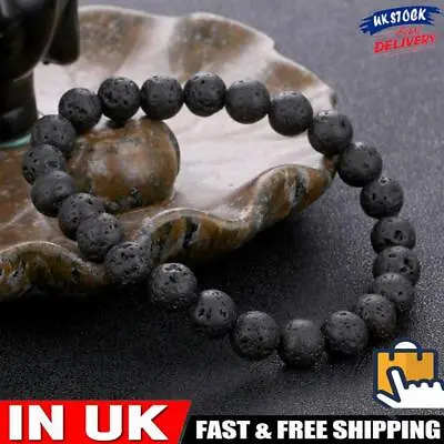 Retro Unisex Black Lava Volcanic Natural Stone Beads Elastic Bracelets • £4.59