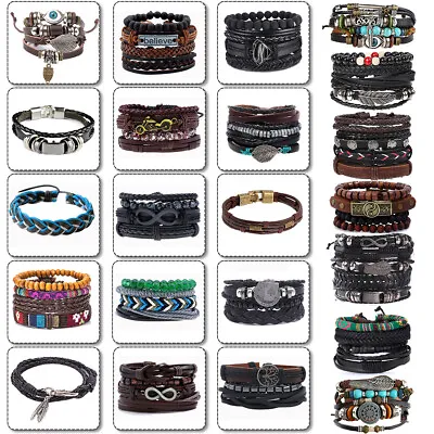 Men Ladies Leather Braided Wristband Bangle Bracelet Birthday Valentine Gift UK • £4.29