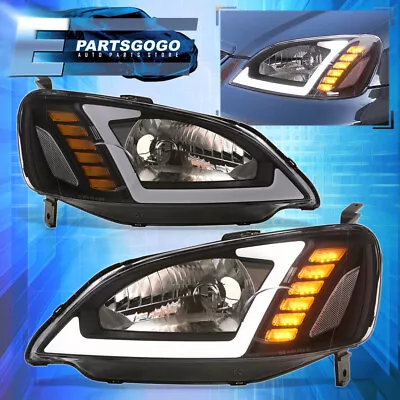 For 01-03 Honda Civic EM ES JDM Black LED DRL Sequential Headlights Lamps LH+RH • $143.99