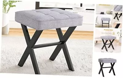  Vanity Stool Square Linen Makeup Stool With Metal X Legs Small Dark Gray • $71.07