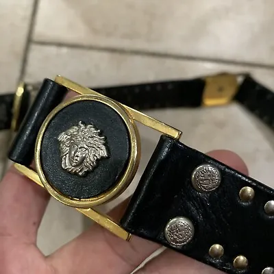 Vintage Gianni Versace Black Leather Belt Gold Silver Studded Medusa Buckle 32 • $280