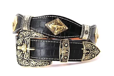 West Belt Black Silver Longhorn Gold Concho Crocodile Pants 34 Cinto Vaquero • $34.99