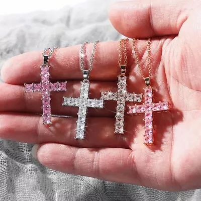 Cross Crucifix Pendant Necklace Gold Diamante Gemstone Jewellery Gift Men Women • £6.99