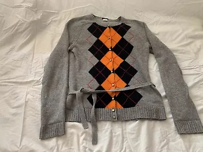 J. Crew Merino Wool  Cashmere Blend Black/Grey/Orange Argyle Cardigan Size M • $25.99