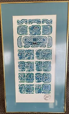 Vintage Hand Painted Mayan Calendar Gold Framed Blue Green Eclectic Art Collect • $44.40