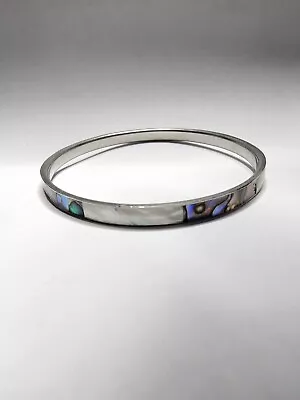 Vintage Alpaca Mexico Silvertone Abalone Mother Of Pearl Inlay Bangle Bracelet • $19.98