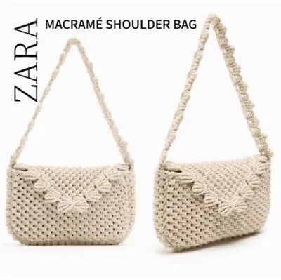 Zara Macrame Knit Shell Design Cotton Shoulder Bag Handbag Purse Cream Ecru NWT • $75