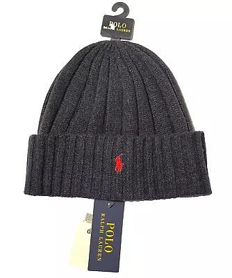 Polo Ralph Lauren Navy Wool Blend Ribbed Cuff Knit Beanie Hat Red Pony • $24.99