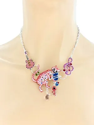 Enameled Treble Clef Guitar Cat Playing Fiddle Whimsical Necklace Cat Lover Gift • $19
