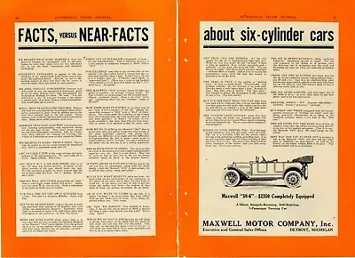 1913 Maxwell Motor Co. 2 Separate Pg. Ad: Model 50-6 Facts & Near Facts. Detroit • $17.76