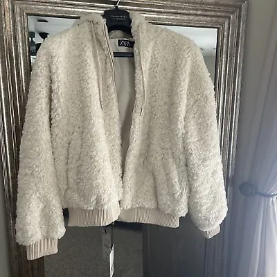 Sold Out Zara Beige Hooded Fleece Faux Fur Jacket NWT XS • $59.99