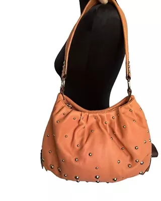 B Makowsky Hobo Shoulder Bag Medium Purse Orange Leather W/silver Studding • $34.99