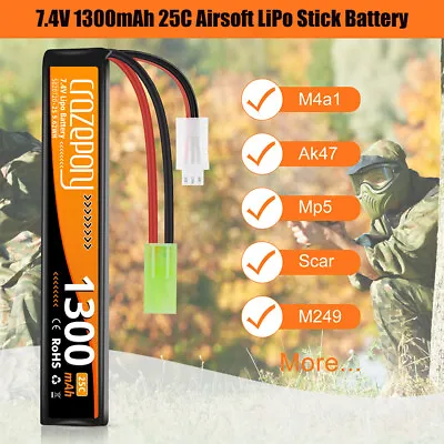 7.4V 1300mAh Airsoft Battery 25C Hobby LiPo Stick Battery Mini Tamiya Connector • £14.24