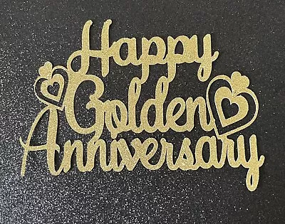 Golden Anniversary Cake Topper Happy Birthday Decoration Gold Glitter Wedding • £3.99