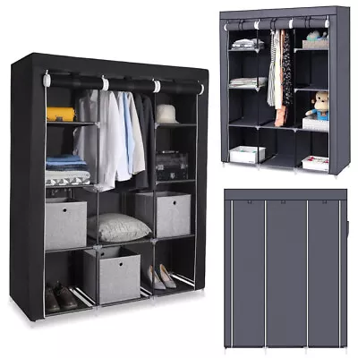 3-Door Fabric Wardrobe Clothes Organizer Closet With 10 Shelves Dustproof Cover • £17.99