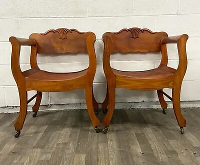 Antique Victorian Renaissance Revival Style Saddle Or Sling Armchairs - Pair • $1349