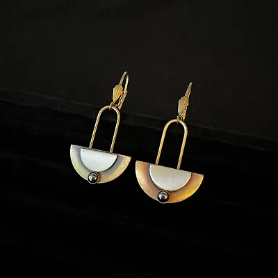 Vintage Retro Modernist Gold Brass Leverback Hook Earrings 60s 70s 80s  • £10