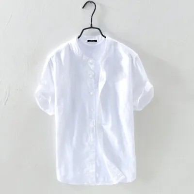 Men Short Sleeve Linen Solid Casual Shirts Collarless Grandad Holiday Blouse Top • $15.37