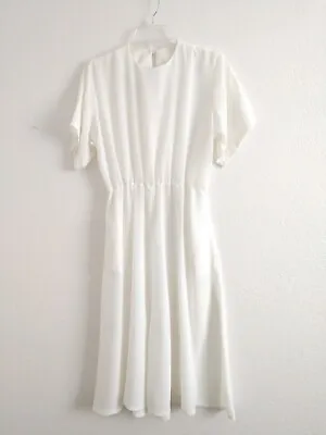 Vintage Ivory White Polyester Dress Pockets Minimalist 70s 80s Small Chest 34  • $21.90