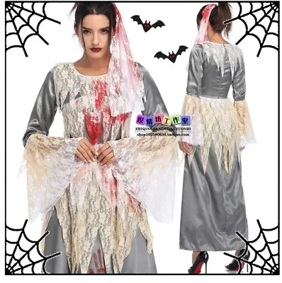 Womens Scary 2 PC Bloody Corpse Bride Creepy Halloween Costume Lace Dress Veil • $26.95