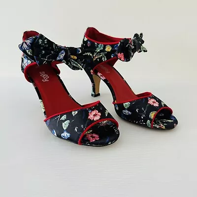 I LOVE BILLY Floral Heels Size 39 8 8.5 Black Red Bow Slip On Dancing Shoes • $40