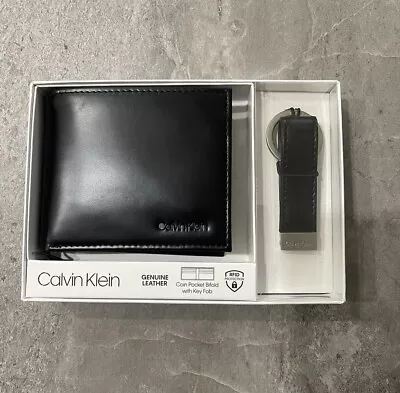 Calvin Klein Ck Mens Leather Bifold Id Wallet Key Fob RFID Black 79220 DEFECT • $11.95