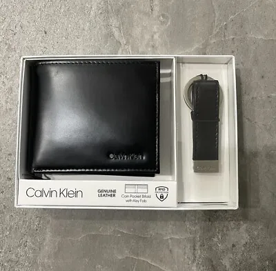 Calvin Klein Ck Mens Leather Bifold Id Wallet Key Fob RFID Black 79220 Gift Set • $19.99